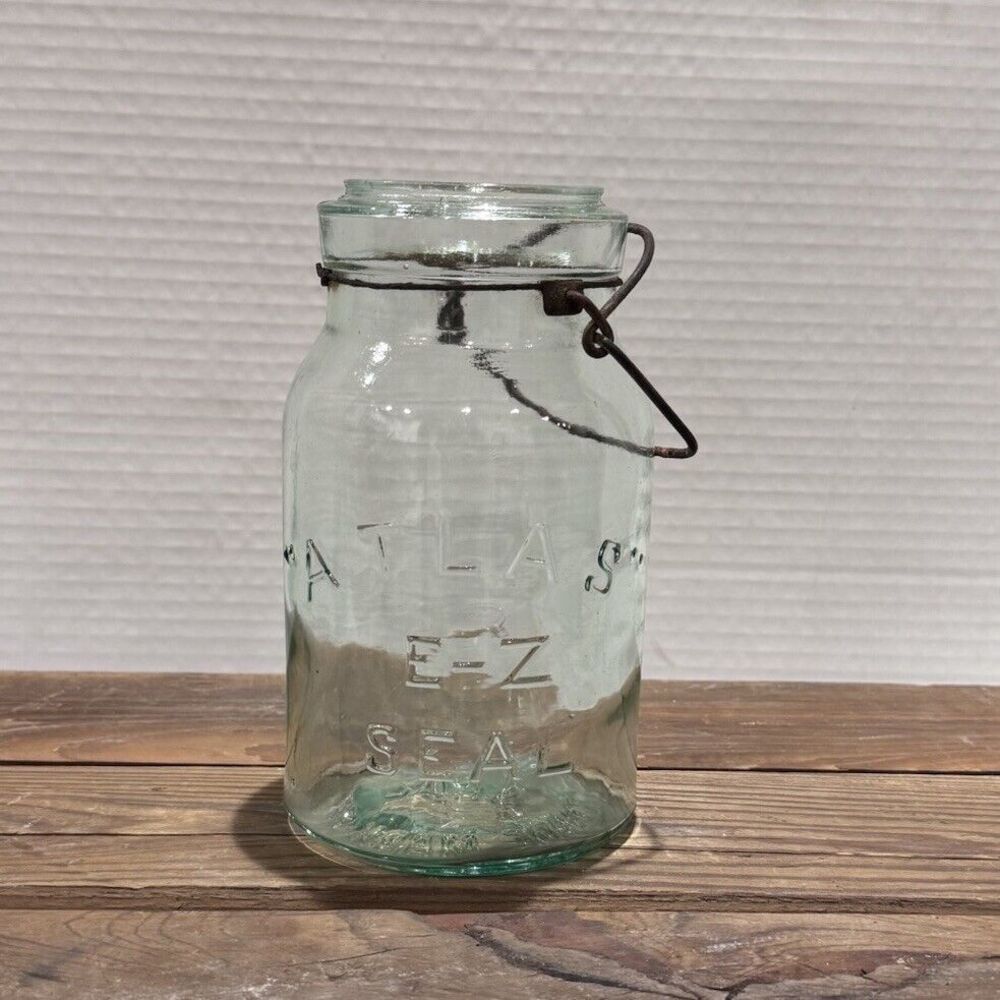 Vintage Atlas E-Z Seal Blue Glass Canning Jar‎ w/o Lid Quart - Bubbles!